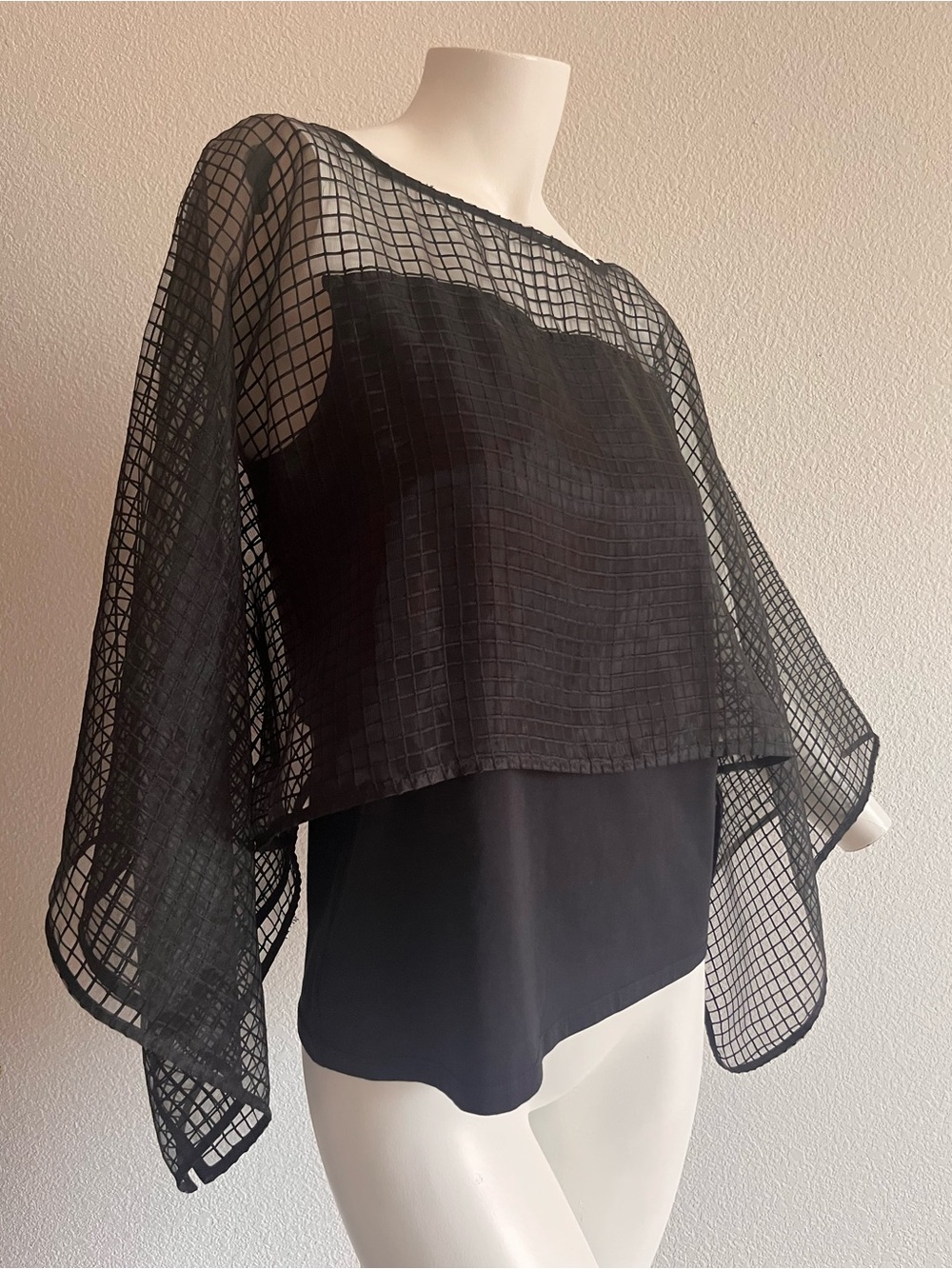 Anne Fontaine NOLANN Black Sheer Mesh Cape Sleeve Top Size 40